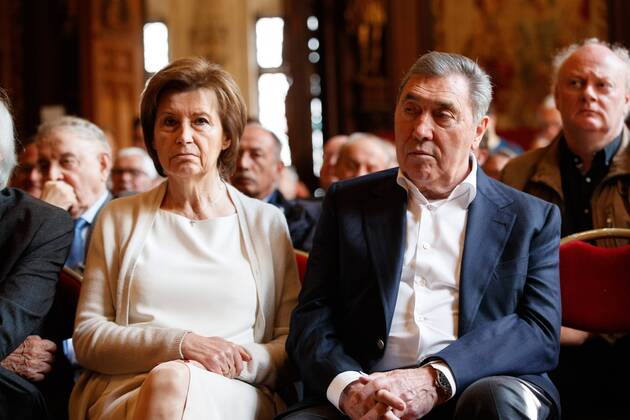 Former Belgian cyclist Eddy Merckx and his wife Claudine Acou pictured during a press presentation of the book entitled 1969 - Het jaar van Eddy Merckx 1969, l annee de Eddy Merckx on cycling champion Eddy Merckx, written by VRT journalist Johny Vansevenant, Wednesday 29 May 2019, in Brussels. KURTxDESPLENTER  x05594701x