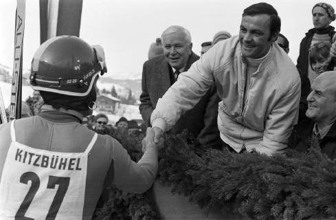 Alpine Skiing World Cup 1968 1969 Kitzbuehel Alpine Skiing World Cup 1968 1969 Kitzbuehel Downhill 18 01 1969 Toni Sailer re, Austria welcomes Karl Cordin li, Austria at the finish Kitzbuehel Austria