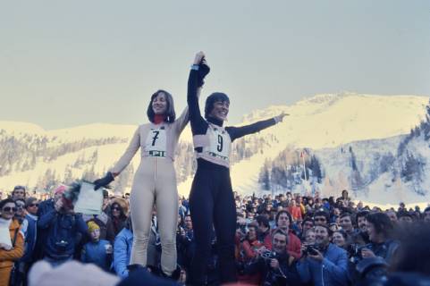 Olympic Games 1976 Totschnig SKI ALPIN SAISON 75 76 Olympic Games 1976 Innbruck Downhill Women 08 02 1976 Brigitte TOTSCHNIG AUT li cheers about the 2nd place, Rosi MITTERMEIER GER right about the Olympic victory Innsbruck Austria