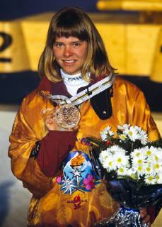 Ski Alpine Olympic Games 1992 SEIZINGER GER Olympic Winter Games Albertville 08 23 02 1992 Super G Women 18 02 1992 Katja SEIZINGER Germany with her bronze medal Albertville France