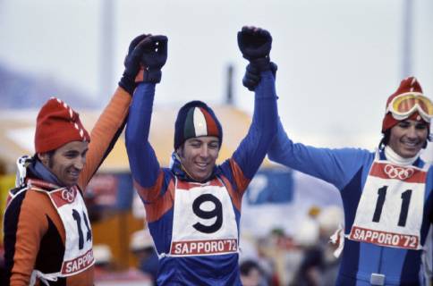 Alpine Skiing Olympic Games Sapporo 1972 BRUGGMANN SUI G THOENI ITA , MATTLE SUI Olympic Winter Games Sapporo 1972 Giant Slalom Men 10 02 1972 Edmund BRUGGMANN Switzerland , Gustavo THOENI Italy , Werner MATTLE Switzerland Sapporo Japan