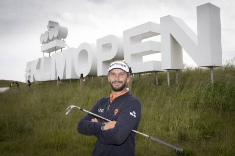 04-06-2019 - Badhoevedorp - Kickoff 100th Edition of the KLM (Royal Dutch Airlines) Dutch Open Golf. Double Dutch Open golf champion Joost Luiten at the new logo of the upcoming championship. Credit: Leo Vogelzang Hollandse Hoogte  Copyright: xHollandsexHoogtex xLeoxVogelzangx x90462778x