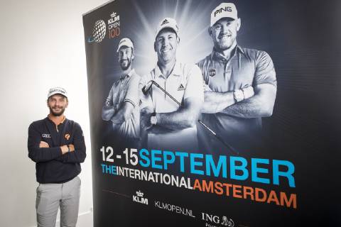 04-06-2019 - Badhoevedorp - Kickoff 100th Edition of the KLM (Royal Dutch Airlines) Dutch Open Golf. Double Dutch Open golf champion Joost Luiten at the new logo of the upcoming championship. Credit: Leo Vogelzang Hollandse Hoogte  Copyright: xHollandsexHoogtex xLeoxVogelzangx x90462767x