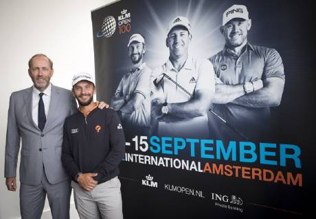 04-06-2019 - Badhoevedorp - Kickoff 100th Edition of the KLM (Royal Dutch Airlines) Dutch Open Golf. Double Dutch Open golf champion Joost Luiten at the new logo of the upcoming championship. Credit: Leo Vogelzang Hollandse Hoogte  Copyright: xHollandsexHoogtex xLeoxVogelzangx x90462757x