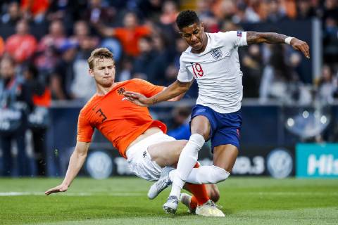 GUIMARAES, 06-06-2019, Estadio D. Afonso Henriques , UEFA Nations League Semi Final. (Left-right) Netherlands player Matthijs de Ligt, England player Marcus Rashford, penalty, during the game Netherlands - England Netherlands - England x3610609x Copyright: