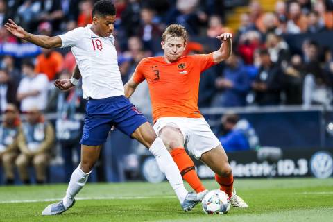 GUIMARAES, 06-06-2019, Estadio D. Afonso Henriques , UEFA Nations League Semi Final. (Left-right) England player Marcus Rashford, Netherlands player Matthijs de Ligt, penalty moment, during the game Netherlands - England Netherlands - England x3610610x Copyright: