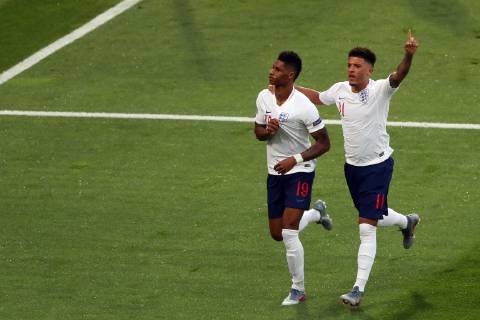 June 6, 2019 - Guimaraes, Portugal - GUIMARAES, PORTUGAL - JUNE 6: Marcus Rashford of England (L) celebrates with Jadon Sancho after scoring a goal during the UEFA Nations League Semi-Final football match Netherlands vs England, at the Dom Afonso Henriques stadium in Guimaraes, Portugal, on June 6, 2019. Netherlands vs England - UEFA Nations League Semi-Final  - ZUMAn230 20190606_zaa_n230_268 Copyright: xPedroxFiuzax