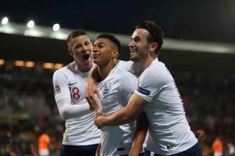 Netherlands v England UEFA Nations League Semi-Final Jessie Lingard of England celebrates with Ross Barkley and Ben Chilwell after he scores what he thinks is their second goal only for it to be ruled offside during the UEFA Nations League Semi-Final match at Estadio D. Afonso Henrique, Guimaraes Content Not Available For UK Newspapers Copyright: xPaulxChestertonx FIL-13327-0115