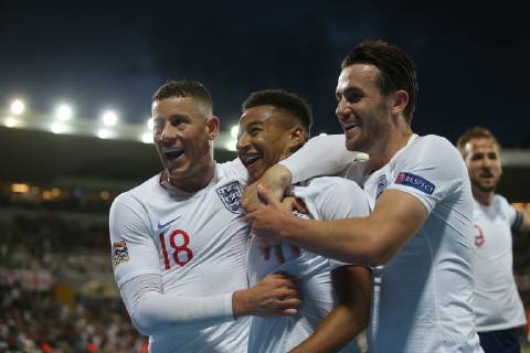 Netherlands v England UEFA Nations League Semi-Final Jessie Lingard of England celebrates with Ross Barkley and Ben Chilwell after he scores what he thinks is their second goal only for it to be ruled offside during the UEFA Nations League Semi-Final match at Estadio D. Afonso Henrique, Guimaraes Content Not Available For UK Newspapers Copyright: xPaulxChestertonx FIL-13327-0116