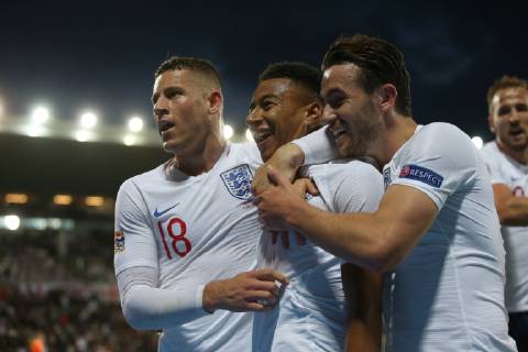 Netherlands v England UEFA Nations League Semi-Final Jessie Lingard of England celebrates with Ross Barkley and Ben Chilwell after he scores what he thinks is their second goal only for it to be ruled offside during the UEFA Nations League Semi-Final match at Estadio D. Afonso Henrique, Guimaraes Content Not Available For UK Newspapers Copyright: xPaulxChestertonx FIL-13327-0117