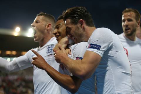 Netherlands v England UEFA Nations League Semi-Final Jessie Lingard of England celebrates with Ross Barkley and Ben Chilwell after he scores what he thinks is their second goal only for it to be ruled offside during the UEFA Nations League Semi-Final match at Estadio D. Afonso Henrique, Guimaraes Content Not Available For UK Newspapers Copyright: xPaulxChestertonx FIL-13327-0118