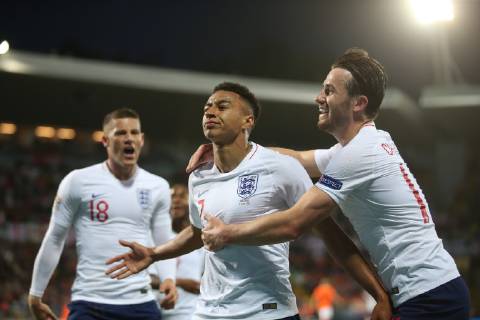 Netherlands v England UEFA Nations League Semi-Final Jessie Lingard of England celebrates with Ross Barkley and Ben Chilwell after he scores what he thinks is their second goal only for it to be ruled offside during the UEFA Nations League Semi-Final match at Estadio D. Afonso Henrique, Guimaraes Content Not Available For UK Newspapers Copyright: xPaulxChestertonx FIL-13327-0122