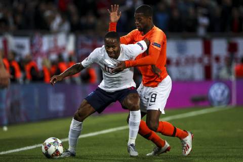 June 6, 2019 - Guimares, Portugal - Raheem Sterling of England and Manchester City FC and Georginio Wijnaldum of Netherlands and Liverpool Football Club during the UEFA Nations League Semi-Final football match Netherlands vs England at D.Afonso Henriques stadium in Guimares on June 6, 2019. ..( NurPhoto) Netherlands v England - UEFA Nations League Semi-Final  - ZUMAn230 20190606_zaa_n230_580 Copyright: xFilipexAmorimx