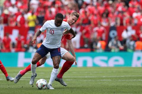 June 9, 2019 - Guimaraes, Portugal - Raheem Sterling of England (L) vies with Switzerland s defender Nico Elvedi (R ) during the UEFA Nations League Third-place football match between Switzerland and England, at the Dom Afonso Henriques stadium in Guimaraes, Portugal, on June 9, 2019. Switzerland vs England - UEFA Nations League Third-place match  - ZUMAn230 20190609_zaa_n230_067 Copyright: xPedroxFiuzax