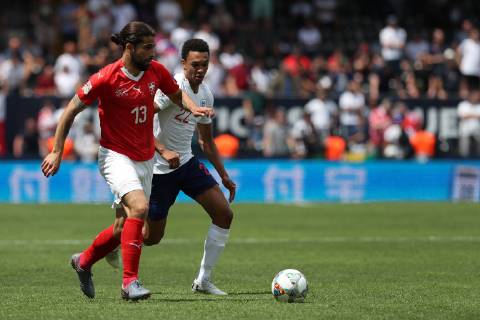 June 9, 2019 - Guimaraes, Portugal - Switzerland s defender Ricardo Rodriguez (L) vies with Alexander-Arnold of England (R ) during the UEFA Nations League Third-place football match between Switzerland and England, at the Dom Afonso Henriques stadium in Guimaraes, Portugal, on June 9, 2019. Switzerland vs England - UEFA Nations League Third-place match - ZUMAn230 20190609_zaa_n230_069 Copyright: xPedroxFiuzax