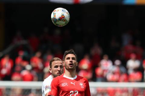 June 9, 2019 - Guimaraes, Portugal - Switzerland s defender Fabian Schar (R ) vies with Harry Kane of England during the UEFA Nations League Third-place football match between Switzerland and England, at the Dom Afonso Henriques stadium in Guimaraes, Portugal, on June 9, 2019. Switzerland vs England - UEFA Nations League Third-place match - ZUMAn230 20190609_zaa_n230_070 Copyright: xPedroxFiuzax
