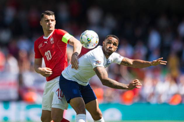 Guimaraes, Portugal, 09 06 2019, UEFA Nations League, 3 Place, Switzerland England, Granite Xhaka Switzerland and Callum Wilson England battle for the ball Defodi 09 531 002238 Defodi-531