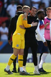 Switzerland v England UEFA Nations League 3rd Place Play-off Jordan Pickford of England celebrates victory at the end of the UEFA Nations League 3rd Place Play-off match at Estadio D. Afonso Henrique, Guimaraes Content Not Available For UK Newspapers Copyright: xPaulxChestertonx FIL-13338-0048