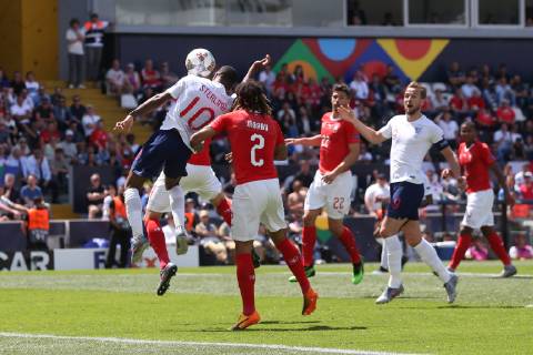 Switzerland v England UEFA Nations League 3rd Place Play-off Raheem Sterling of England appears to be fouled by Kevin Mbabu of Switzerland but no thing is awarded by Referee Ovidiu Hategan and VAR is not checked during the UEFA Nations League 3rd Place Play-off match at Estadio D. Afonso Henrique, Guimaraes Content Not Available For UK Newspapers Copyright: xPaulxChestertonx FIL-13338-0074