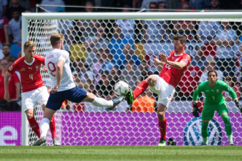 Guimaraes, Portugal, 09 06 2019, UEFA Nations League, 3 Place, Switzerland England, Harry Kane England and Fabian Schar Switzerland battle for the ball Defodi 09 531 002599 Defodi-531