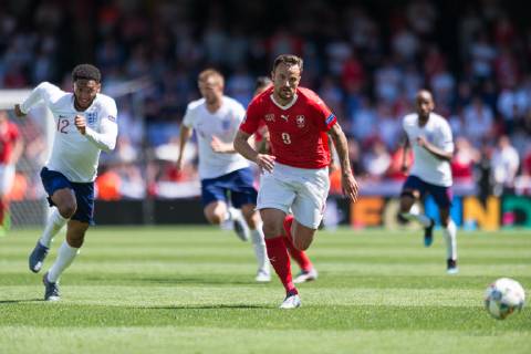 Guimaraes, Portugal, 09 06 2019, UEFA Nations League, 3 Place, Switzerland England, Joe Gomez England and Haris Seferovic Switzerland battle for the ball Defodi 09 531 002609 Defodi-531