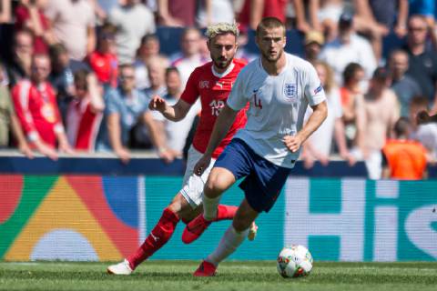 Guimaraes, Portugal, 09 06 2019, UEFA Nations League, 3rd place, Switzerland England, Josip Drmic Switzerland and Eric Dier England battle for the ball Defodi 09 531 002628 Defodi-531