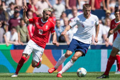 Guimaraes, Portugal, 09 06 2019, UEFA Nations League, 3rd place, Switzerland England, Josip Drmic Switzerland and Eric Dier England battle for the ball Defodi 09 531 002629 Defodi-531