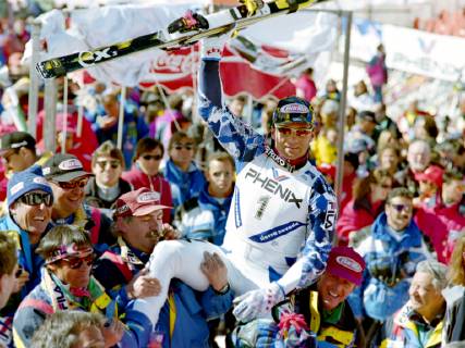 World Ski Championships 1996, RTL Men Alberto TOMBA ITA SKI ALPIN SAISON 95 96 World Championships 1996 Sierra Nevada Giant Slalom Men 13 02 1996 Alberto TOMBA ITA cheers at the finish Sierra Nevada Spain