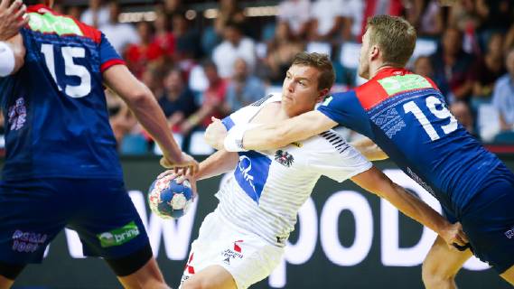 HANDBALL - EHF EC, AUT vs NOR KLAGENFURT,AUSTRIA,13.JUN.19 - HANDBALL - EHF EURO Cup, international match, Länderspiel, Nationalmannschaft Austria vs Norway. Image shows Sebastian Spendier (AUT). GEPAxpictures xDanielxGoetzhaber