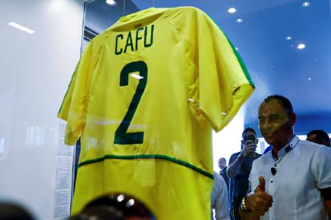 Brazilian former soccer player Marcos Evangelista de Moraes Cafu (R) takes part in an exhibition on the Qatar 2022 World Cup, organized by the World Cup 2022 Organizing Committee, in Sao Paulo, Brazil, 21 June 2019. Cafu was appointed as one of the ambassadors of the event. Cafu appointed Qatar 2022 ambassador in Sao Paulo !ACHTUNG: NUR REDAKTIONELLE NUTZUNG!  Copyright: xMarceloxChellox AME5561 20190621-636967425803153928