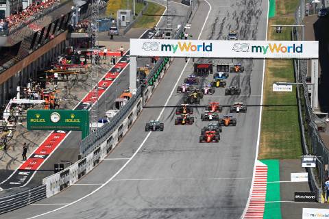 30th June 2019, Red Bull Ring, Spielberg, Austria; FIA Formula 1 Grand Prix, Race Day; Scuderia Ferrari, Charles Leclerc leads race start with Mercedes AMG Petronas Motorsport, Lewis Hamilton making a move on the inside of the circuit  ActionPlus12149378 Octane