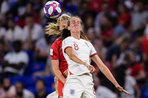 (L-R) Lindsey Horan of USA women, Jill Scott of England women during the FIFA Women s World Cup France 2019 semi final match between England and United States of America at Stade de Lyon on July 02, 2019 in Lyon, France FIFA Women s World Cup France 2019 2018 2019 xVIxVIxImagesx xGerritxvanxKeulenxIVx 14898192