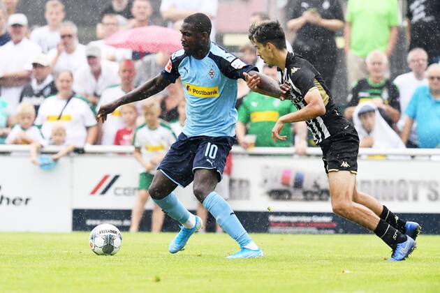 football 1 Bundesliga season 2019 2020 test match SCO Angers 1 FC Mönchengladbach 27 07 2019, stadium at Römerstrasse, Straelen, Marcus Thuran ,Borussia Mönchengladbach, zinedine ould Khaled SCO Angers DFL regulations prohibit any use of photographs as image sequences and or quasi video