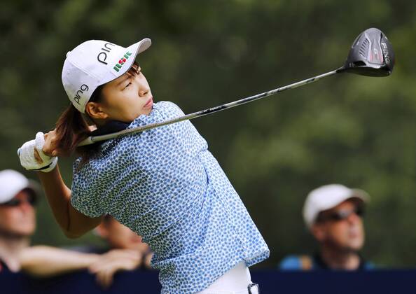 Golf: Women s British Open Hinako Shibuno of Japan tees off on the second hole during the third round of the Women s British Open at Woburn Golf Club in Milton Keynes, England, on Aug. 3, 2019. Shibuno holds a two-shot lead after 54 holes. 