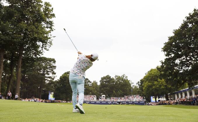 Golf: Women s British Open Hinako Shibuno of Japan hits her second shot on the 18th hole during the final round of the Women s British Open en route to winning the title on Aug. 4, 2019, at Woburn Golf Club in Milton Keynes, England. 