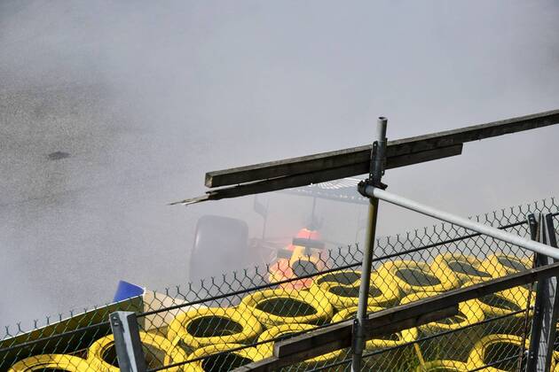 Red Bull s Dutch driver Max Verstappen hit a wall of tyres along the track and has to stop during the Spa-Francorchamps Formula One Grand Prix of Belgium race, in Spa-Francorchamps, Sunday 01 September 2019. NICOLASxLAMBERT  x05653575x