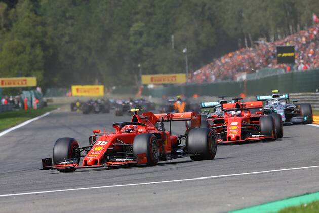 Photo4 LaPresse 01 09 2019 Spa Francorchamps, Belgio Grand Prix Formula One Belgio 2019 In the pic: start, Charles Leclerc (MON) Scuderia Ferrari SF90 and Sebastian Vettel (GER) Scuderia Ferrari SF90 lead  Copyright: xPhoto4 LaPressex