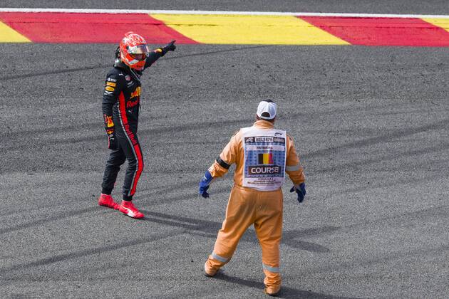 Red Bull s Dutch driver Max Verstappen pictured after a crash in the first lap of the Spa-Francorchamps Formula One Grand Prix of Belgium race, in Spa-Francorchamps, Sunday 01 September 2019. NICOLASxLAMBERT  x05653725x