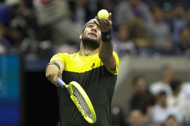 (190907) -- NEW YORK, Sept. 7, 2019 -- Matteo Berrettini of Italy serves during the men s singles semifinal between Rafael Nadal of Spain and Matteo Berrettini at the 2019 US Open in New York, the United States, Sept. 6, 2019. ) (SP)US-NEW YORK-TENNIS-US OPEN-MEN S SINGLES-SEMIFINAL LixMuzi 
