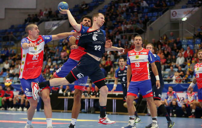 BAU 20 09 2019 Bietigheim Handball SG BBM Bietigheim vs ThSV Eisenach, v l Ivan Snajder Eisenach , Marko Racic Eisenach , Jonas Link BBM