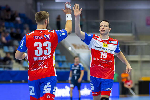 Bietigheim, Germany 25 August 2019 2 BL 19 20 SG BBM Bietigheim vs ThSV Eisenach vs li Justin Mürköster Muerkoester Eisenach , Ante Tokic Eisenach Bietigheim Egetrans Arena Baden Württemberg Germany