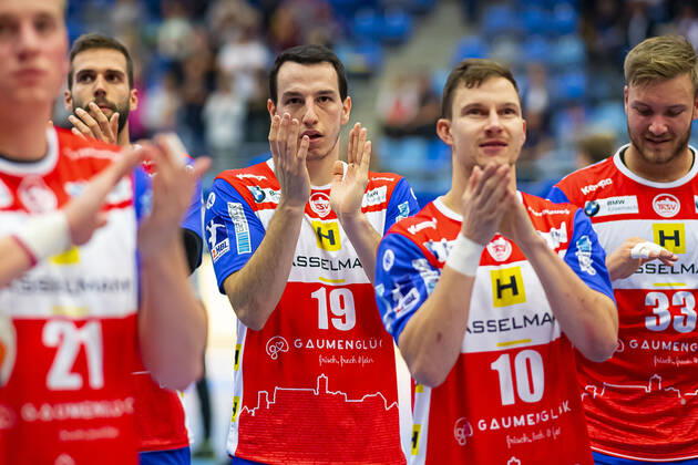 Bietigheim, Germany 25 August 2019 2 BL 19 20 SG BBM Bietigheim vs ThSV Eisenach Ante Tokic Eisenach , Jonas Ulshöfer Ulshoefer Eisenach Bietigheim Egetrans Arena Baden Württemberg Germany