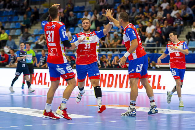 Bietigheim, Germany 25 August 2019 2 BL 19 20 SG BBM Bietigheim vs ThSV Eisenach v li Andrej Obranovic Eisenach , Justin Mürköster Muerkoester Eisenach , Bietigheim Egetrans Arena Baden Württemberg Germany