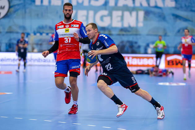 Bietigheim, Germany 25 August 2019 2 BL 19 20 SG BBM Bietigheim vs ThSV Eisenach v li Andrej Obranovic Eisenach , Jonas Link SG BBM Bietigheim Bietigheim Egetrans Arena Baden Württemberg Germany