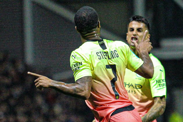 Raheem Sterling of Manchester City celebrates after scoring during the Carabao Cup match between Preston North End and Manchester City at Deepdale, Preston, England on 24 September 2019. Copyright: xJamesxxGillx PMI-3077-0031