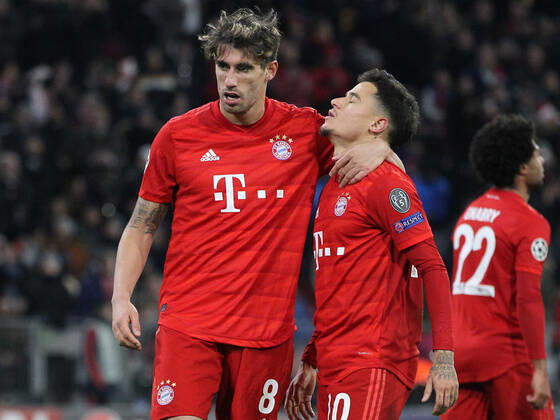 Bayern Munich v Tottenham Hotspur UEFA Champions League Philippe Coutinho of Bayern Munich celebrates with Javi Martinez after scoring a goal during the UEFA Champions League match at Allianz Arena, Munich Content Not Available For UK Newspapers Copyright: xYannisxHalasx FIL-13951-0035