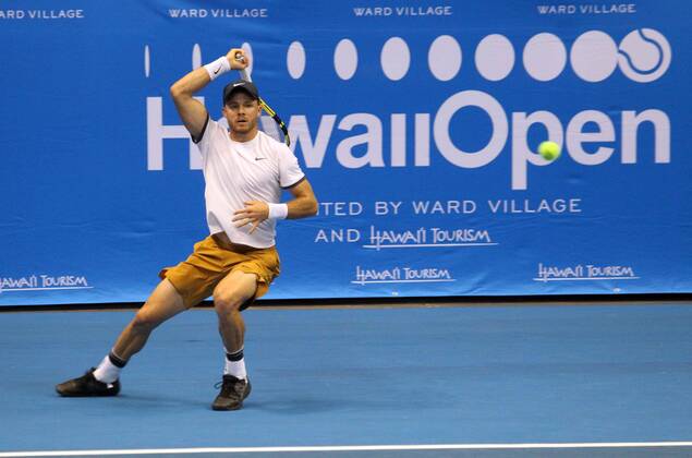 December 26, 2019 - Christian Harrison retuned a volley during the Hawaii Open invitational tournament match between Christian Harrison (USA) and Brandon Nakashima (USA) at the Stan Sheriff Center in Honolulu, HI - CSM. Tennis 2019: Hawaii Open DEC26 - ZUMAc04_ 20191226_zaf_c04_123 Copyright: xMichaelxSullivanx