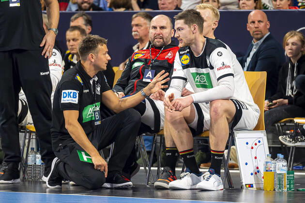 Mannheim, Germany 04 January 2020 International Handball Match EM 2020 Germany vs. Iceland Coach Christian Prokop Germany ,Co Coach Erik Wudtke Germany , Hendrik Pekeler Germany THW Kiel Mannheim SAP Arena Baden Württemberg Germany