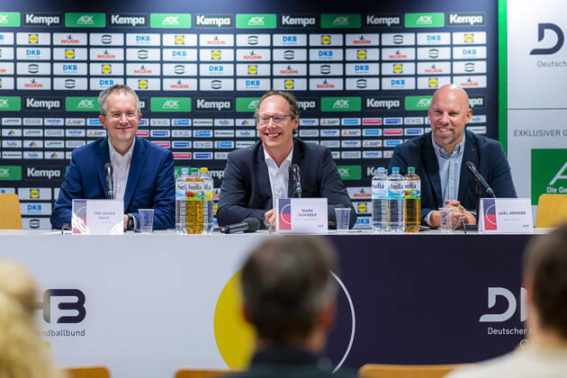 Mannheim, Germany 04 January 2020 International Handball European Championship 2020 Germany vs. Iceland vs. left Tim Oliver Kalle Head of Communications , Mark Schober DHB Chairman , Axel Kromer Board Member Sports Mannheim SAP Arena Baden Württemberg Germany