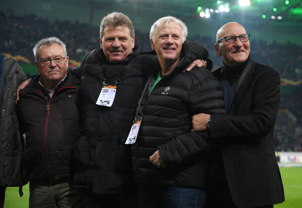 07 11 2019, Football, UEFA Europa League 2019 20, Group stage, 4 Matchday, Borussia Moenchengladbach AS Rome 2 1, , Gladbachs former goalkeeper Wolfgang Kleff, Hans Guenter Bruns, former goalkeeper Ulrich Sude Moenchengladbach North Rhine-Westphalia Germany Team2